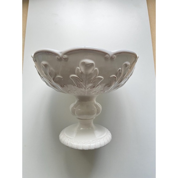 Other - White Ceramic Pedestal Compote raised leaf design French Provincial Isaac